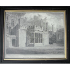 'Hall &c of Pembroke College'. Two undergraduates in gowns and mortar boards walking beside building, after F. Mackensie by J. Skelton.