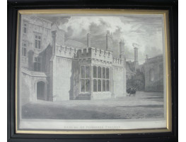 'Hall &c of Pembroke College'. Two undergraduates in gowns and mortar boards walking beside building, after F. Mackensie by J. Skelton.