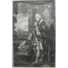 Engraved Portrait of Duke of Cumberland, in the robes of the Order of the Garter, holding hat, Full-Length, pillars behind, Windsor castle in background, after Sir Joshua Reynolds [1723-1792] by Thomas Watson [1743-1781].