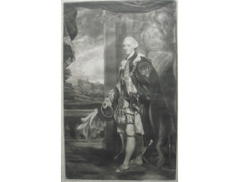 Engraved Portrait of Duke of Cumberland, in the robes of the Order of the Garter, holding hat, Full-Length, pillars behind, Windsor castle in background, after Sir Joshua Reynolds [1723-1792] by Thomas Watson [1743-1781].