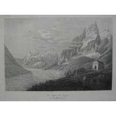 'La Mer de Glace vue du Montanvert;'  Tourists some on horseback viewing the glacier by classical building.