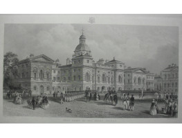 'West Front of the Horse Guards'. Foot guards on parade with spectators, after J. Marchant and engraved by H. Adlard [1824-1869].