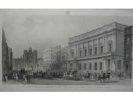 'The South End of St James's Street, the New Club House and St James's Palace (On a Drawing-Room Day)'. Horse guards with carriages on parade with spectators on pavement, after J. Marchant and engraved by H. Adlard [1824-1869].