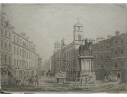 'Charing Cross'  View of Charing Cross looking towards Northumberland House, with equestrian statue of Charles I and coaches and horses.