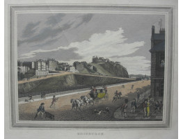 "Edinburgh". View from Princes Street looking towards the Royal Mound and the castle, pedestrians and coach and four  in foreground, in engraved border.