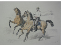 'Croquis Equestre'. Military uniformed rider on bay horse, leading a prancing horse, steam train in background, within border.