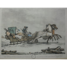 'The Winter Russian Travelling Carriage'.  Mother and child in sledge pulled by three horses with driver and guard with gun . After Mornay by Clark & Dubourgh.