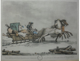 'The Winter Russian Travelling Carriage'.  Mother and child in sledge pulled by three horses with driver and guard with gun . After Mornay by Clark & Dubourgh.