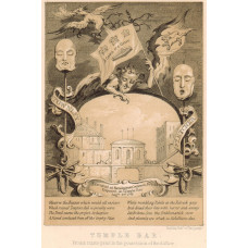 Caricature of heads of Townley and Fletcher at Temple Bar, with a devil holding a flag with 'A Crown or a Grave', copied from  a 1746 etching.