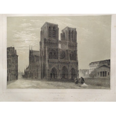 Notre Dame, exterior view with figures by small fire.