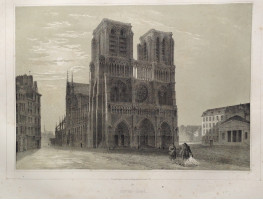 Notre Dame, exterior view with figures by small fire.