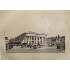 Vue de la Bourse, figures and carriages in square.