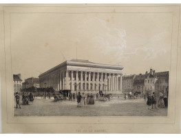 Vue de la Bourse, figures and carriages in square.