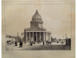 Vue de Pantheon, figures and carriages in square.