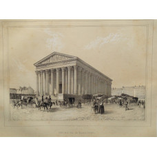 Eglise de la Madeleine, figures and carriages in square.