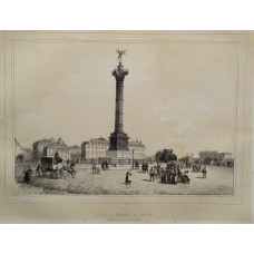 Vue de la Colonne de Juillet sur la place de la Bastille, figures and carriages in square.