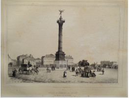 Vue de la Colonne de Juillet sur la place de la Bastille, figures and carriages in square.