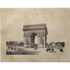 Arc de Triomphe de l'Etoile, figures, horses and carriages in square.