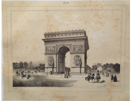 Arc de Triomphe de l'Etoile, figures, horses and carriages in square.