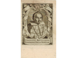 Engraved Portrait of Vincentius Montecalvus, head and shoulders in cartouche with arms.