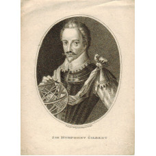 Engraved Portrait of Gilbert, Half Length, holding armillary sphere, in oval.