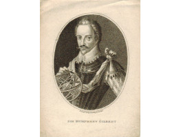 Engraved Portrait of Gilbert, Half Length, holding armillary sphere, in oval.