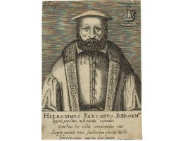 Engraved Portrait of Hieronymus Sanchius Bargemsis [1516-1590], Half Length, Latin inscription.