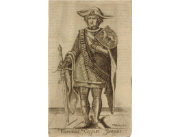 Engraved Portrait of 'Florentius 2 Cognom: Pinguis' Floris II of Netherlands, Full Length, in armour holding sword.