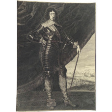 Engraved Portrait of Louis XIII, Full Length in armour, holding cane, in front of curtain, sea and fortified town in background, by Jean Gani?re  [1615 c.-1666].