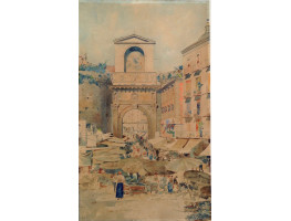 Market at Porta Capuana, Naples, with accompanying view of Neapolitan street scene, with ironmonger's in foreground.