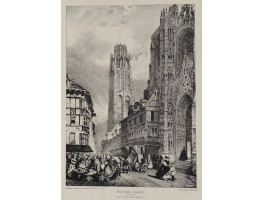 Notre Dame Rouen from La Place de la Calende. Figures and carriage in street, by William Gooding Colman.