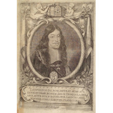 Engraving of Leopold I. Head and shoulders with long hair, wearing chain with Order of the Golden Fleece,   within an oval border Latin inscription below, by Jakob Sandrart [1630-1708].