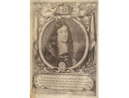 Engraving of Leopold I. Head and shoulders with long hair, wearing chain with Order of the Golden Fleece,   within an oval border Latin inscription below, by Jakob Sandrart [1630-1708].