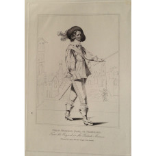 Engraved Portrait of Pembroke, Full Length, wearing hat, in lace collar, holding baton, in front of buildings,