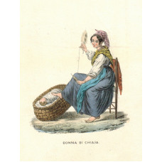 'Donna di Chiaja' Woman spinning while rocking baby with foot.