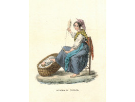 'Donna di Chiaja' Woman spinning while rocking baby with foot.