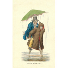 'Facchino, Passa - Lava' Porter carrying man holding umbrella through stream.