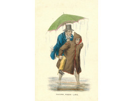 'Facchino, Passa - Lava' Porter carrying man holding umbrella through stream.