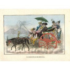 'Corricolo di Resina' Carriage full of people Mount Vesuvius in distance.