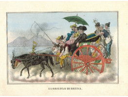 'Corricolo di Resina' Carriage full of people Mount Vesuvius in distance.