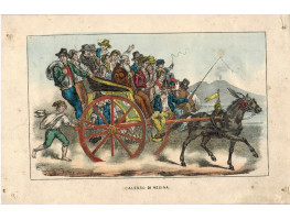 'Calesso di Resina' Carriage full of people, Mount Vesuvius in distance.