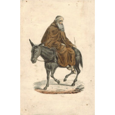 Monk sitting sideways on donkey.