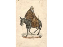 Monk sitting sideways on donkey.