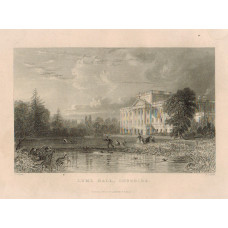 View of  the Country House, Lyme Hall, after T. Allom by J. Lewis. Figures by lake.