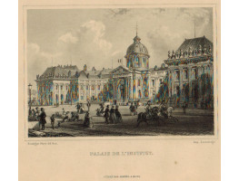 Palais de l'Institut, figures and horses in foreground.