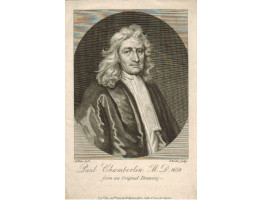 Engraved Portrait of Chamberlin, erroneously title 'Paul Chamberlin' Half Length, in oval, after R. White by T. Trotter.